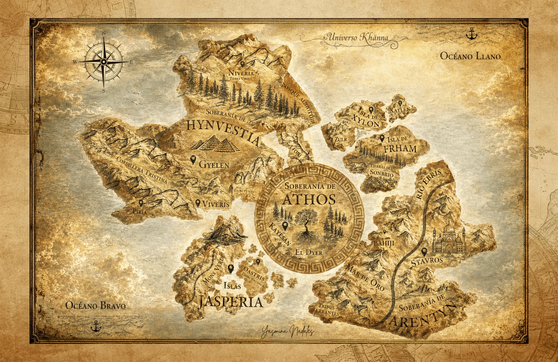 Mapa del Universo Khänna, con las soberanías de Hynvestia, Athos, Jasperia, Frham, Xylon y Arentyn.